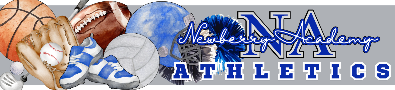 Banner reading Newberry Academy Athletics with sports equipment